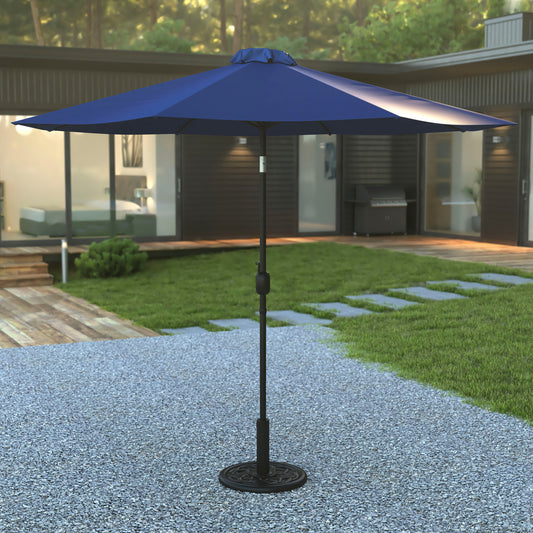 Sunny Navy 9 FT Round Umbrella with Crank and Tilt Function and Standing Umbrella Base Navy