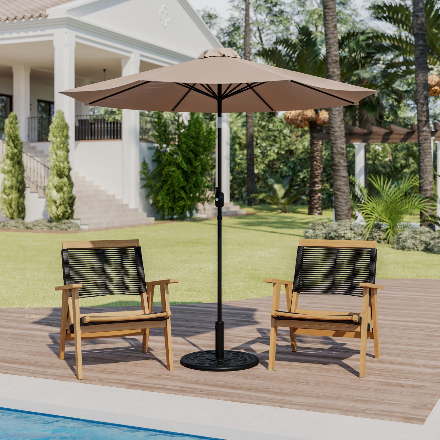 Kona Tan 9 FT Round Umbrella with Crank and Tilt Function and Standing Umbrella Base Tan