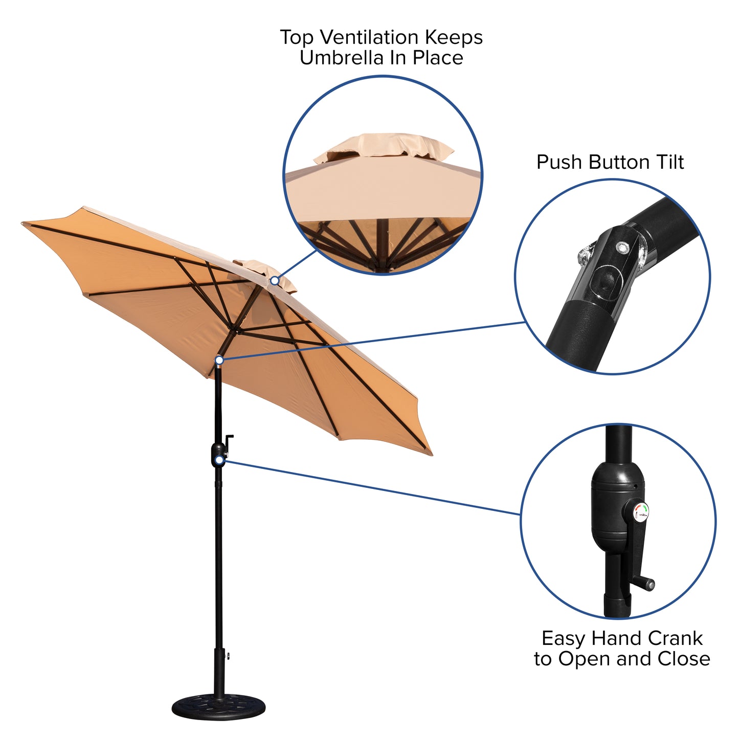 Kona Tan 9 FT Round Umbrella with Crank and Tilt Function and Standing Umbrella Base Tan