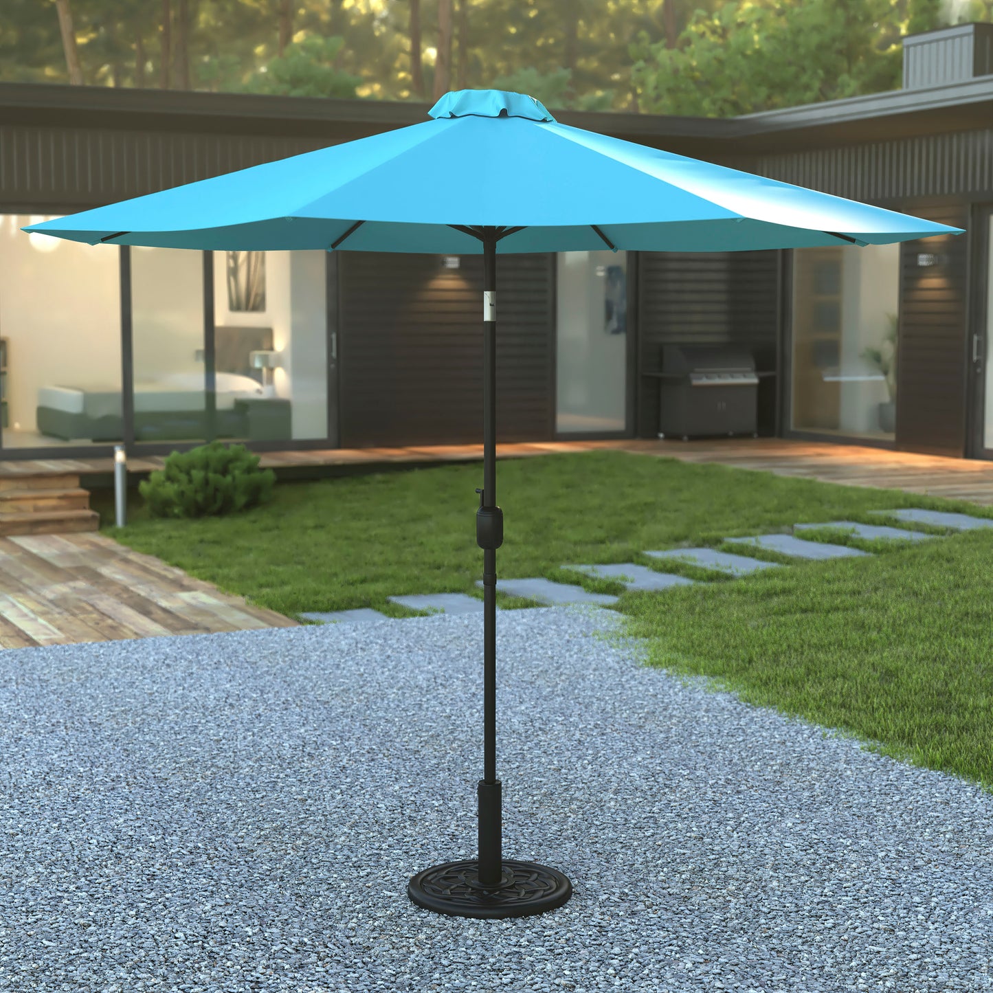 Sunny Teal 9 FT Round Umbrella with Crank and Tilt Function and Standing Umbrella Base Teal