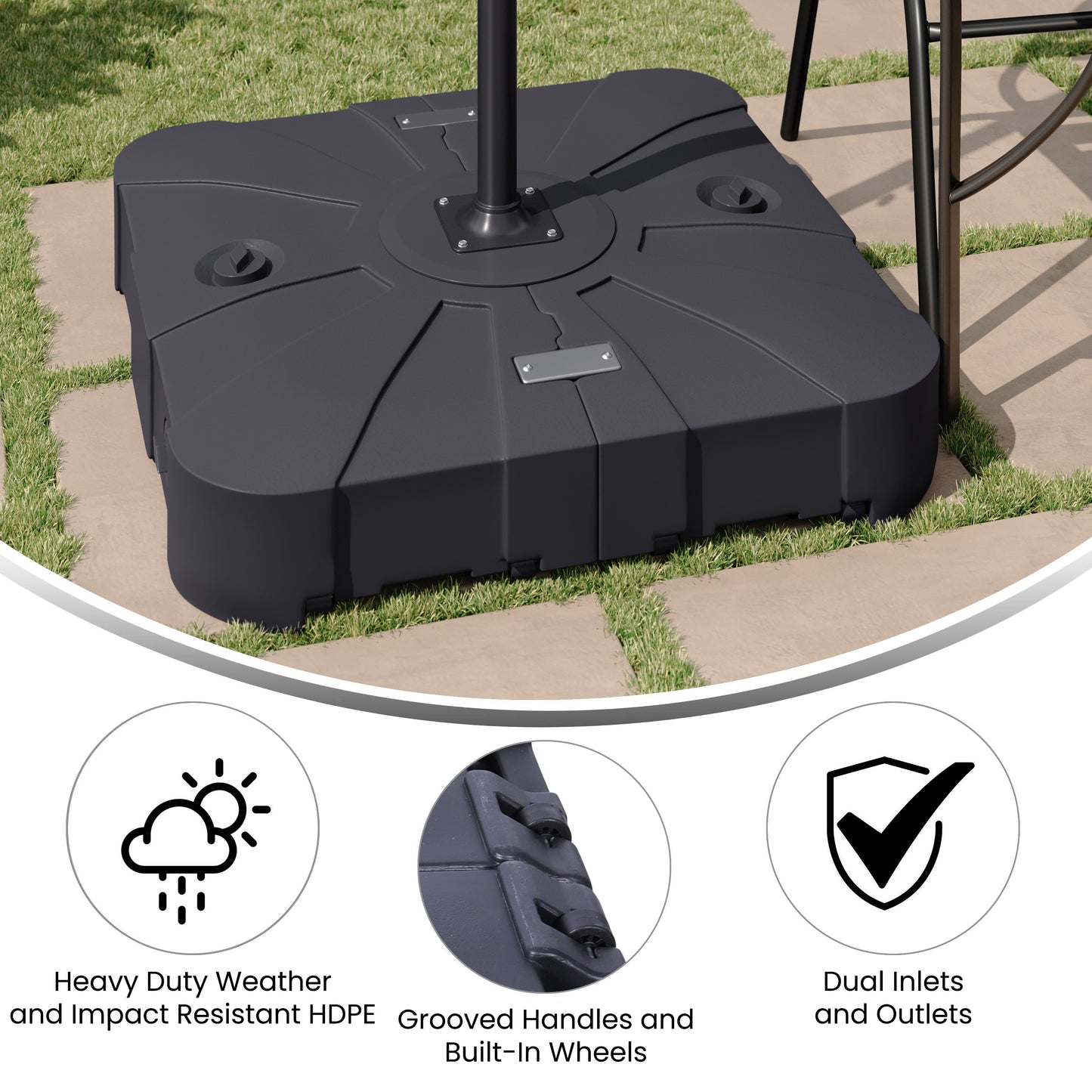 Hank Heavy Duty Weather-Resistant Universal Offset Umbrella Base with Grooved Handles and Built-In Wheels in Black Black