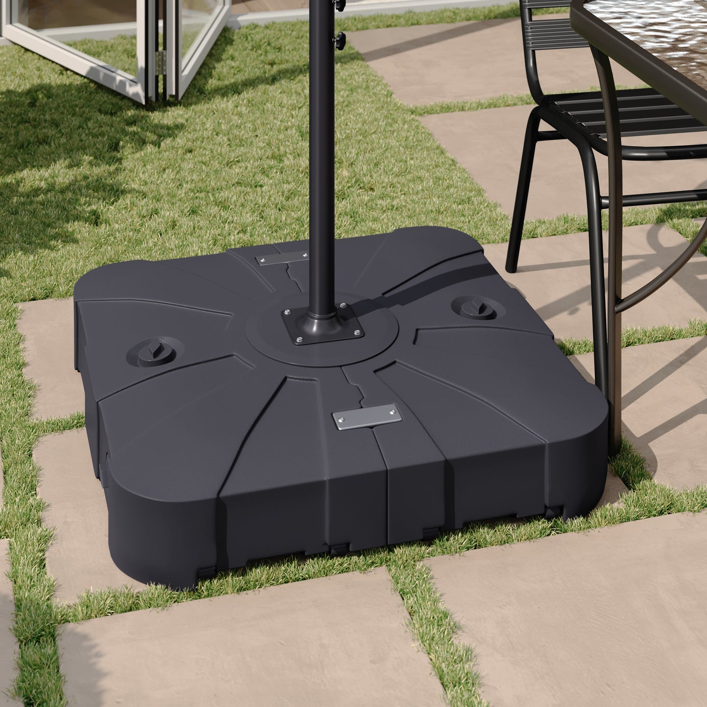 Hank Heavy Duty Weather-Resistant Universal Offset Umbrella Base with Grooved Handles and Built-In Wheels in Black Black