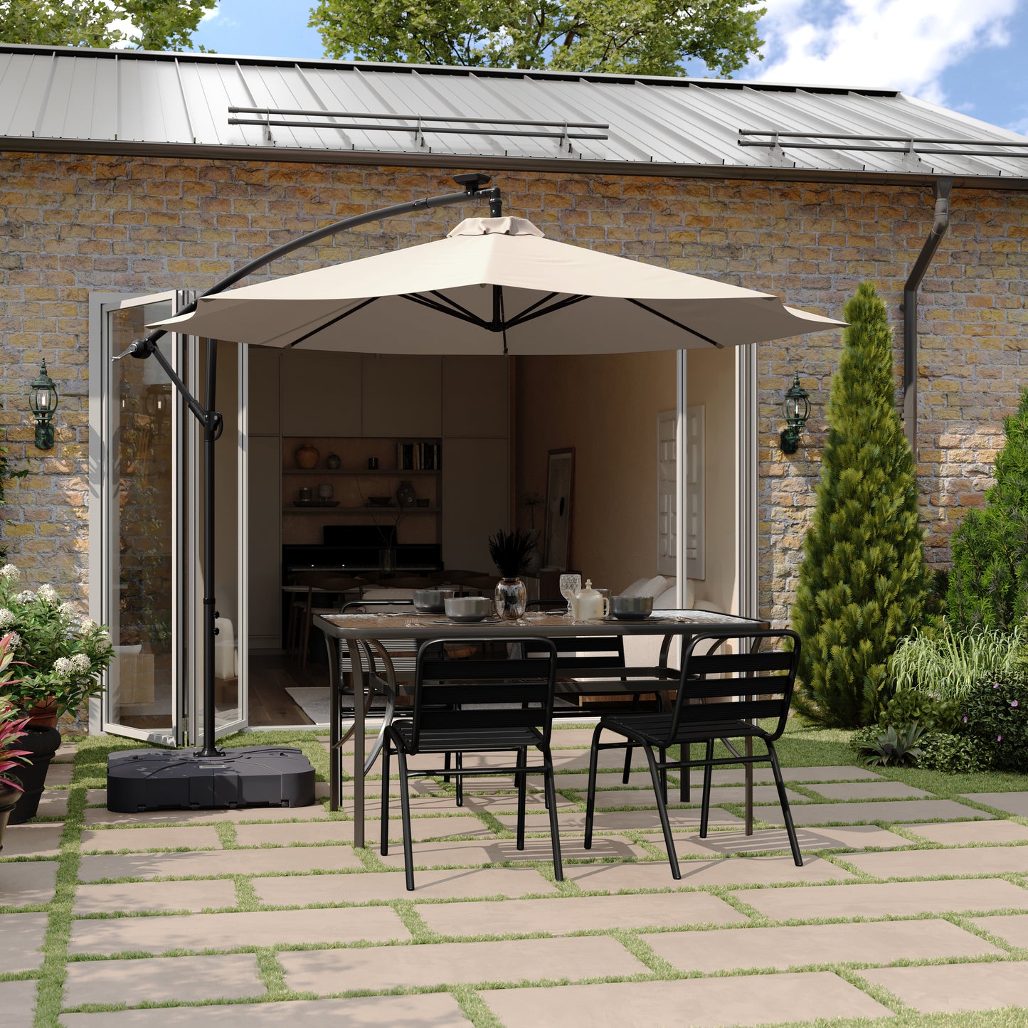 Hank Heavy Duty Weather-Resistant Universal Offset Umbrella Base with Grooved Handles and Built-In Wheels in Black Black