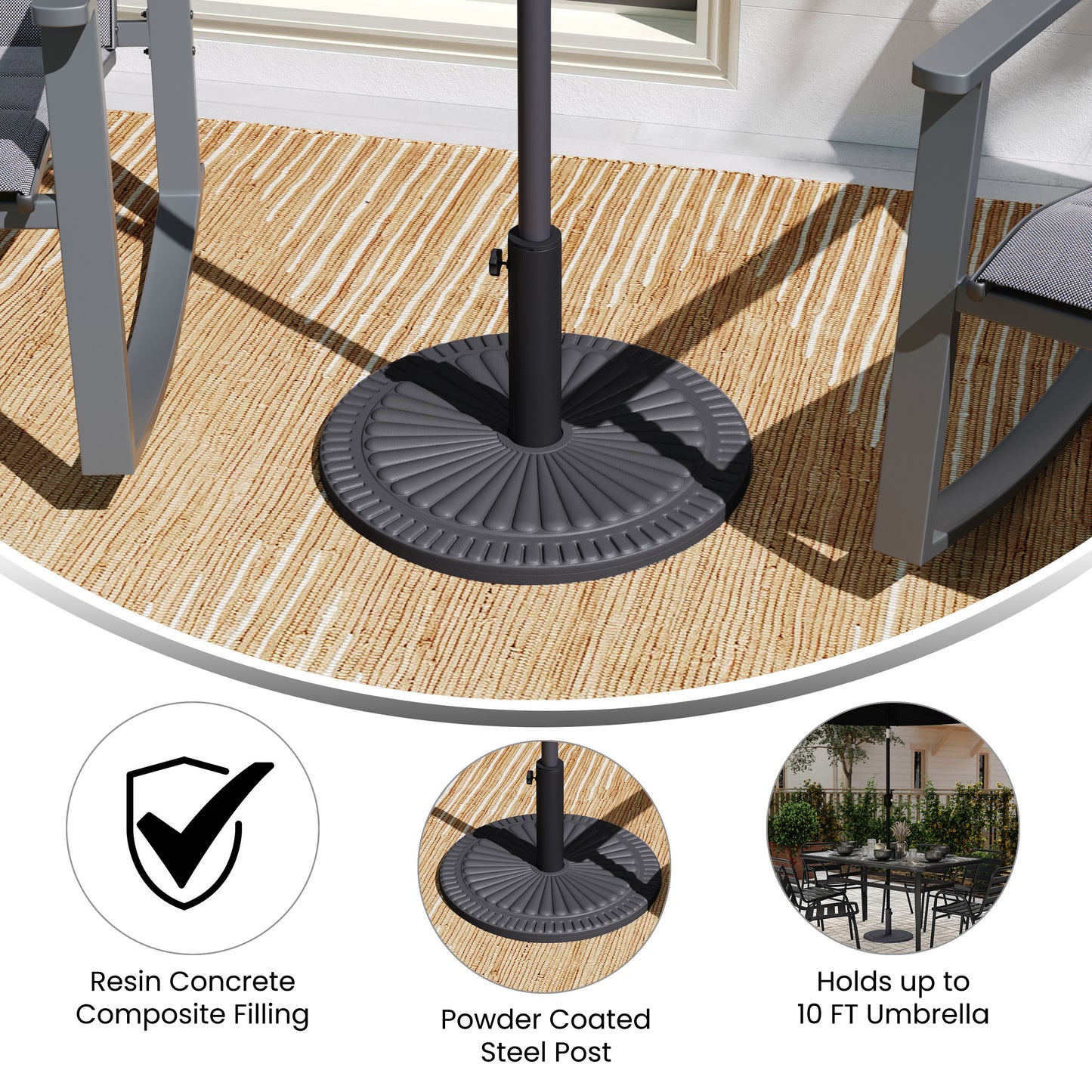 Kona Universal Black Cement Patio Umbrella Base with Sunburst Patterned Weatherproof Plastic Polymer Coating - 19.25" Diameter Black
