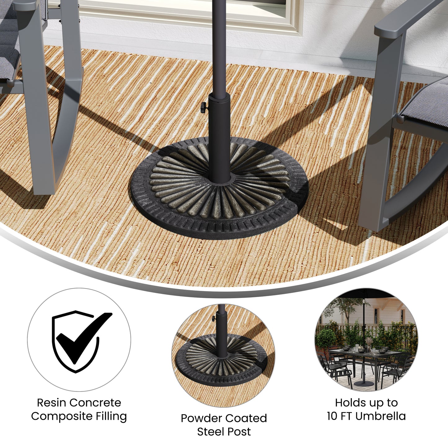 Kona Universal Bronze Cement Patio Umbrella Base with Sunburst Patterned Weatherproof Plastic Polymer Coating - 19.25" Diameter Bronze
