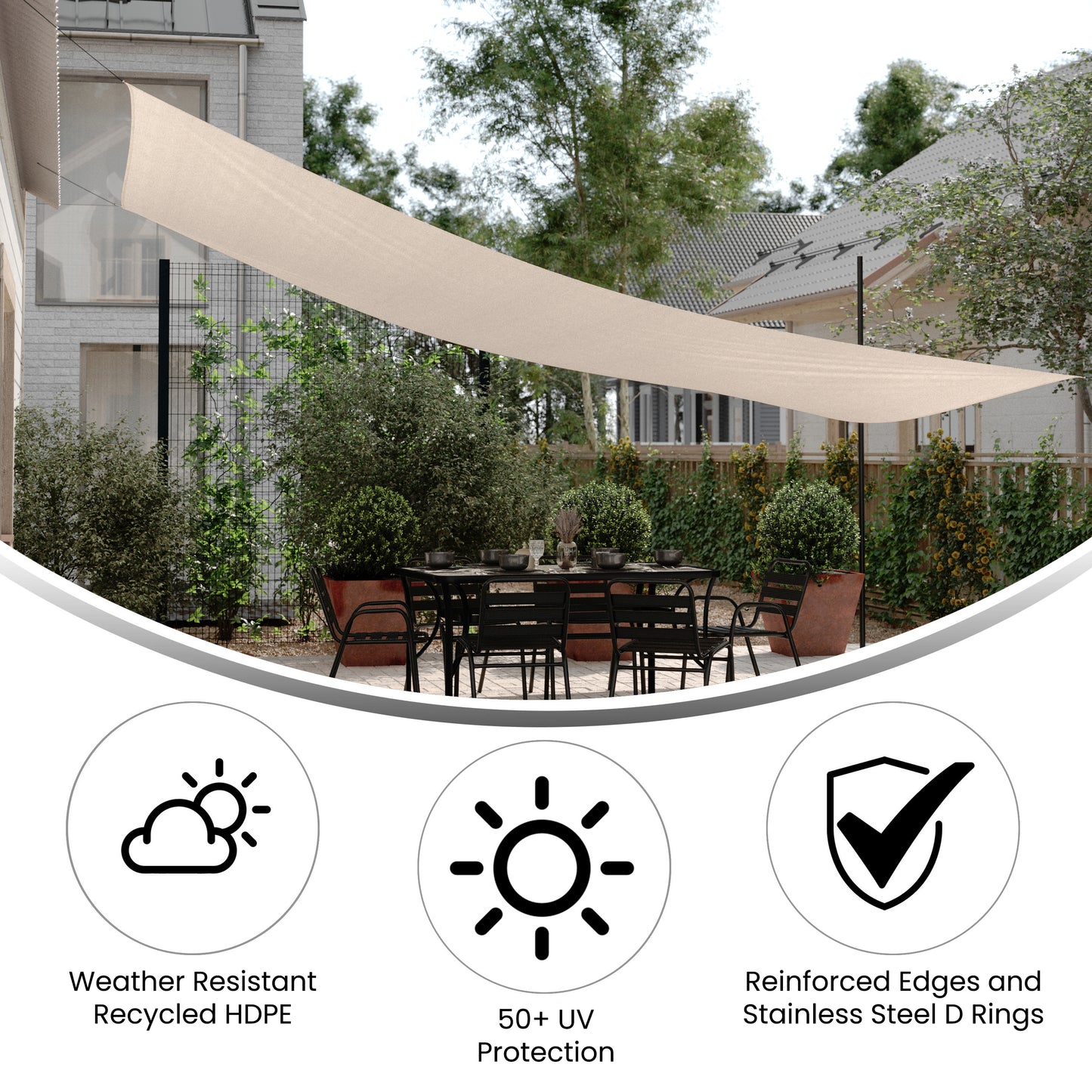 Palmetto 20ft Rectangle Sun Sail Shade Canopy with Included Nylon Attachment Ropes in Sand Sand