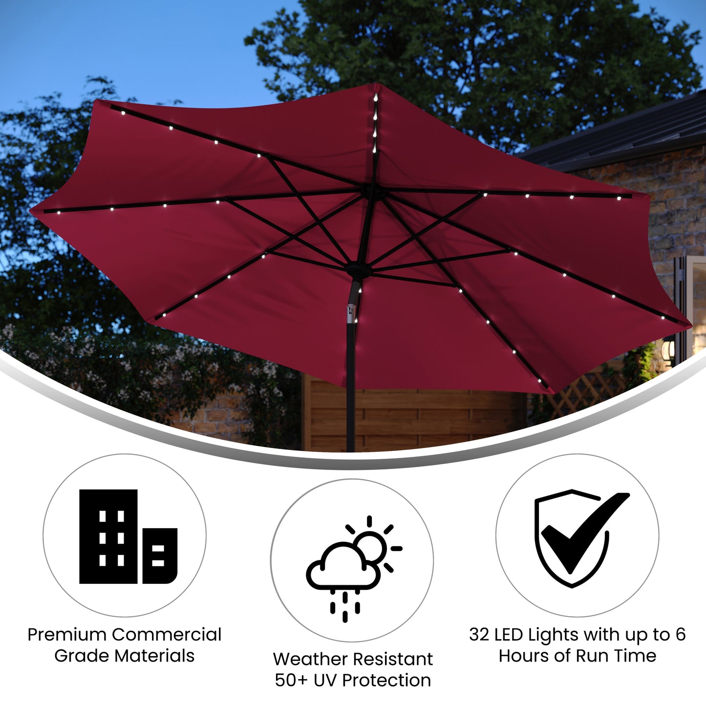 Montego Commercial Grade 9 FT Round Umbrella with 32 Solar LED Lights and Crank and Tilt Functionality in Red Red