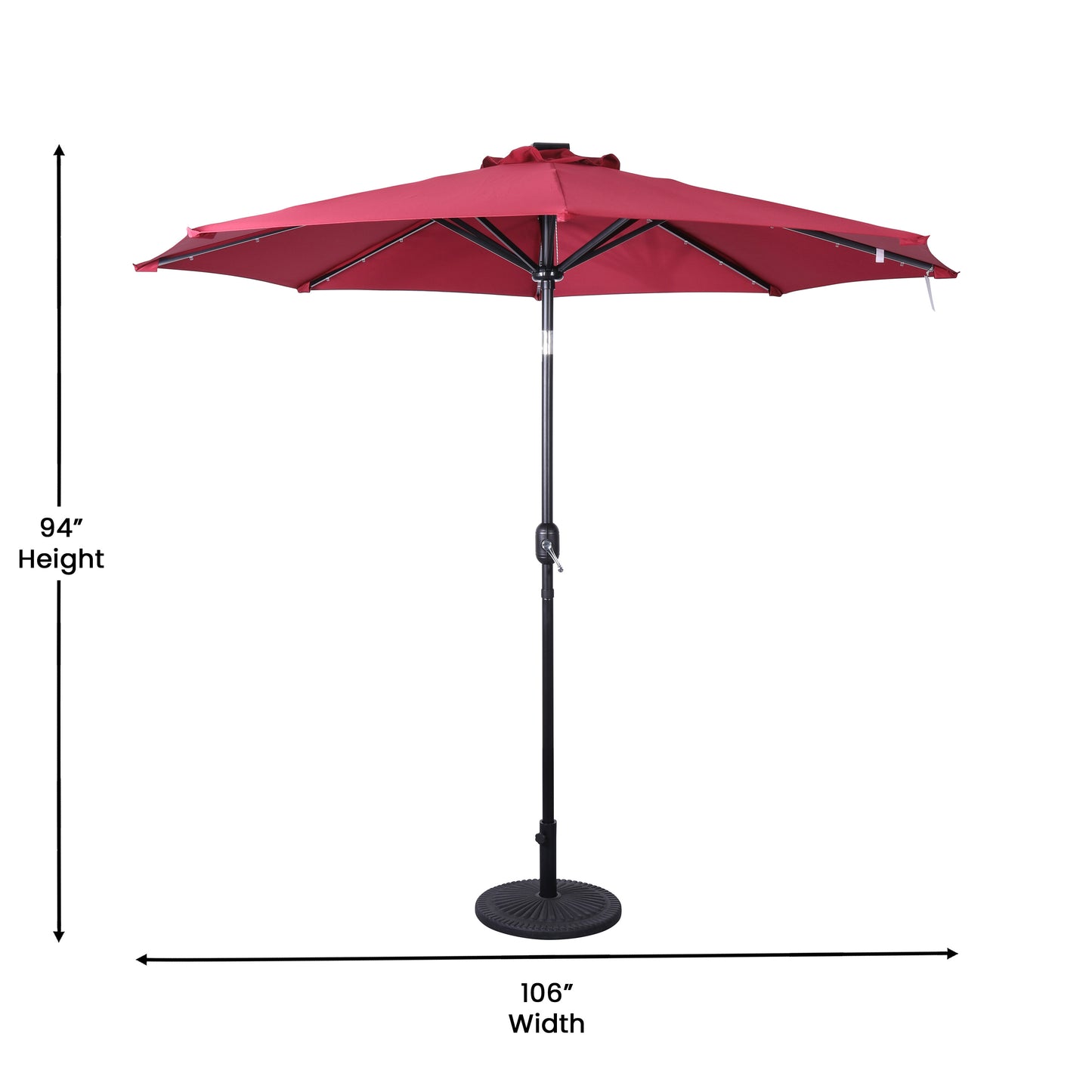 Montego Commercial Grade 9 FT Round Umbrella with 32 Solar LED Lights and Crank and Tilt Functionality in Red Red