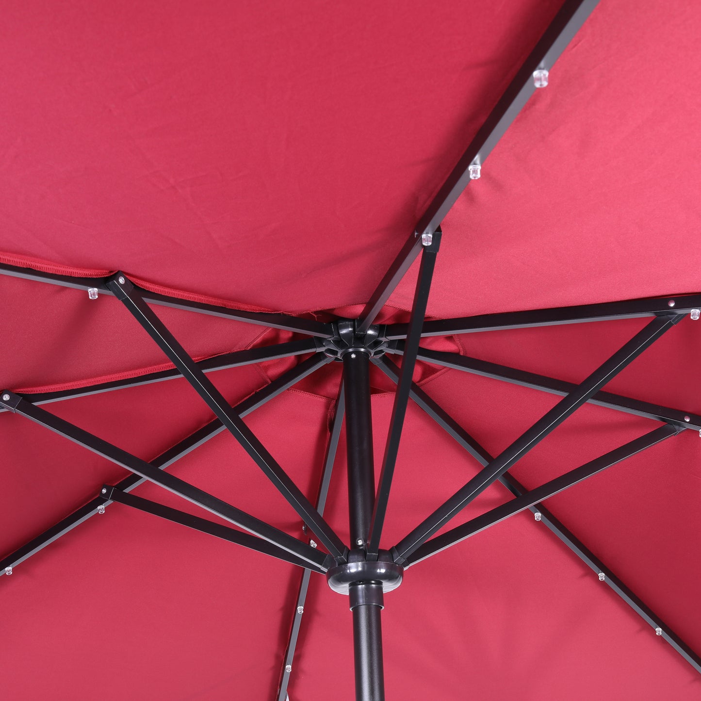 Montego Commercial Grade 9 FT Round Umbrella with 32 Solar LED Lights and Crank and Tilt Functionality in Red Red