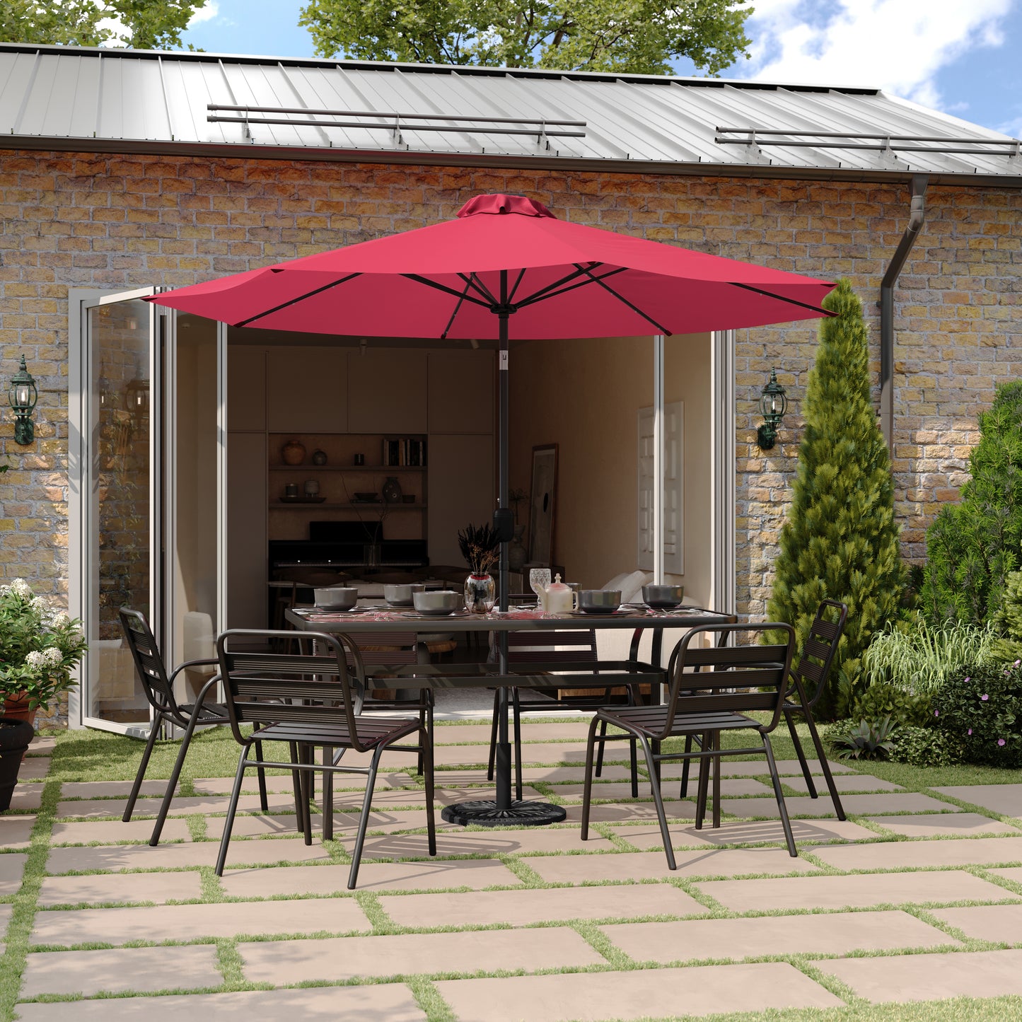 Montego Commercial Grade 9 FT Round Umbrella with 32 Solar LED Lights and Crank and Tilt Functionality in Red Red