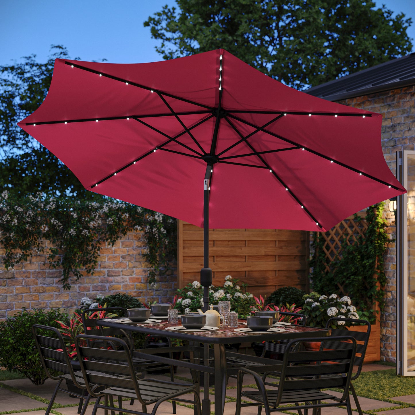 Montego Commercial Grade 9 FT Round Umbrella with 32 Solar LED Lights and Crank and Tilt Functionality in Red Red