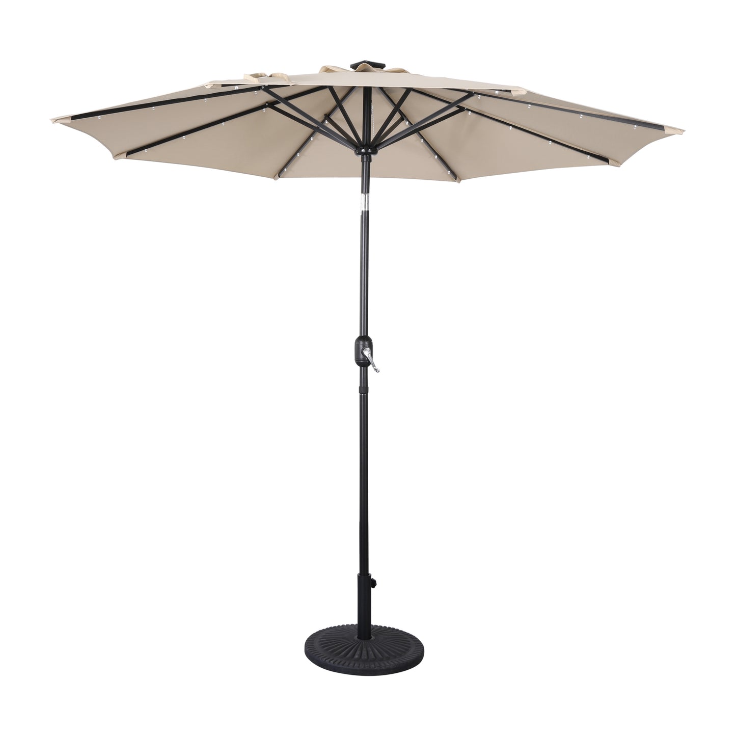 Montego Commercial Grade 9 FT Round Umbrella with 32 Solar LED Lights and Crank and Tilt Functionality in Tan Tan