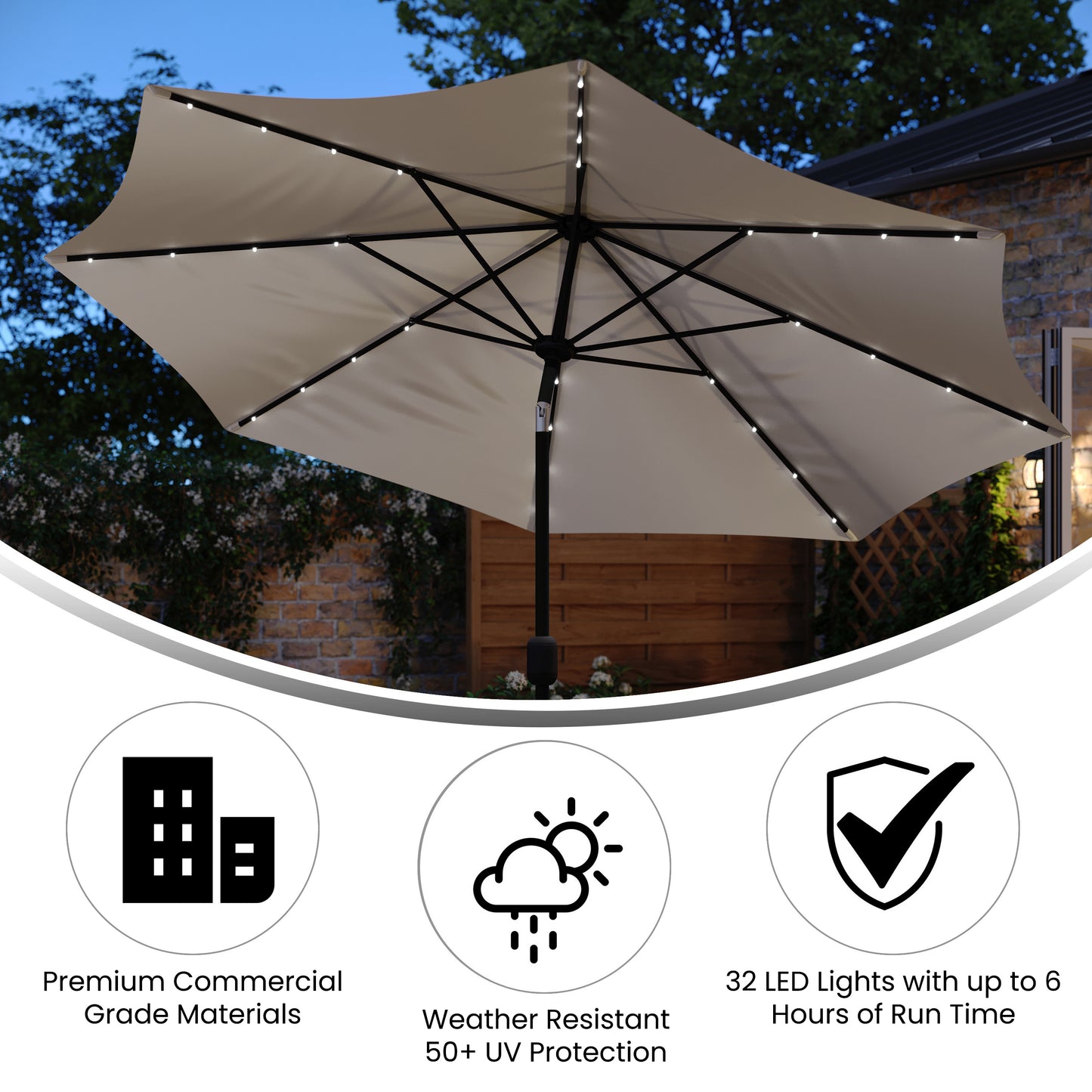 Montego Commercial Grade 9 FT Round Umbrella with 32 Solar LED Lights and Crank and Tilt Functionality in Tan Tan