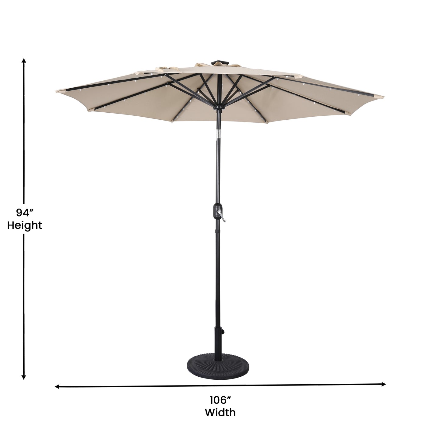 Montego Commercial Grade 9 FT Round Umbrella with 32 Solar LED Lights and Crank and Tilt Functionality in Tan Tan