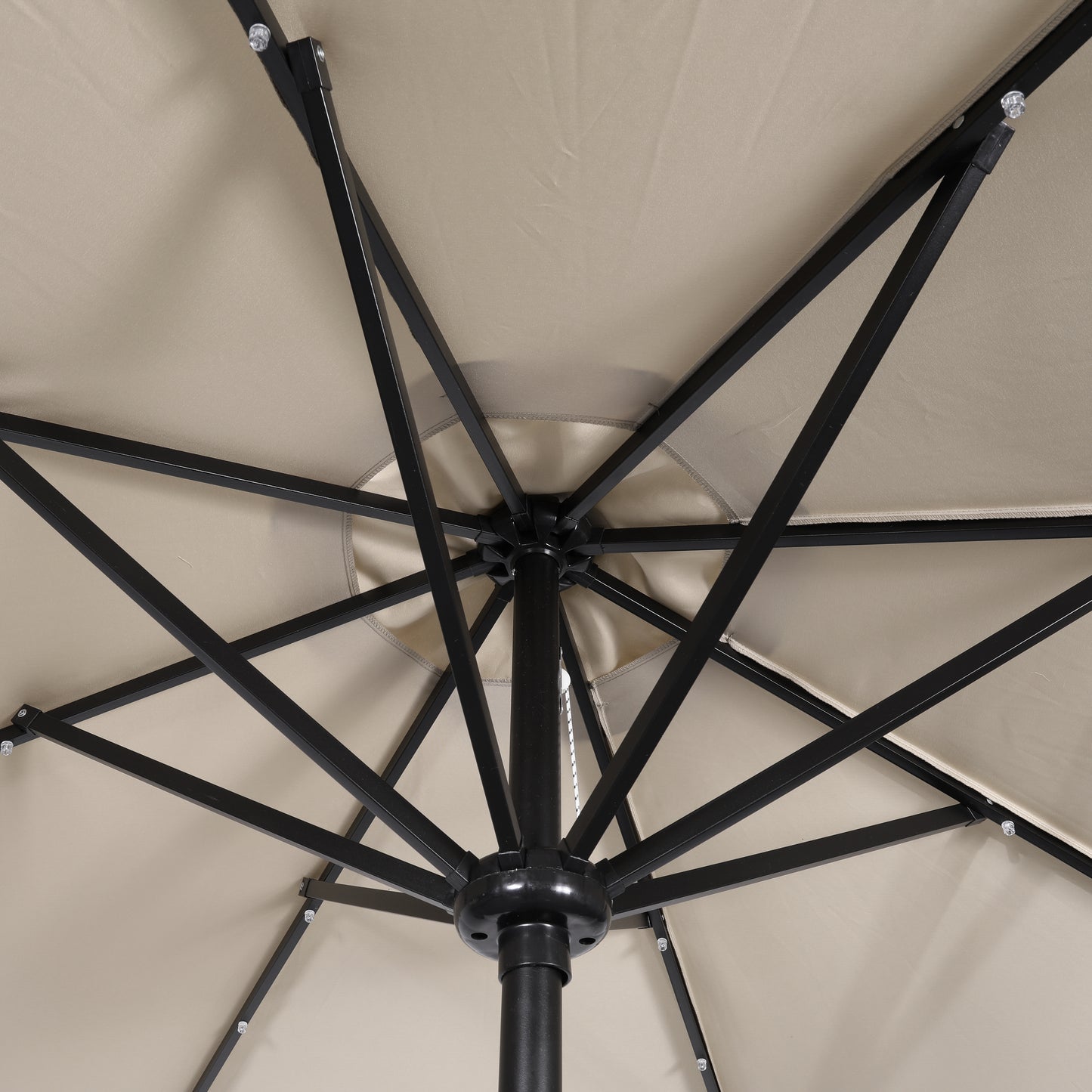 Montego Commercial Grade 9 FT Round Umbrella with 32 Solar LED Lights and Crank and Tilt Functionality in Tan Tan