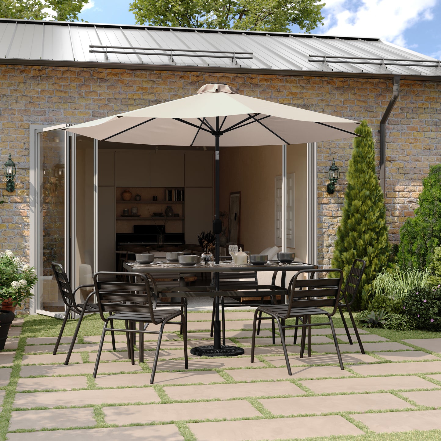 Montego Commercial Grade 9 FT Round Umbrella with 32 Solar LED Lights and Crank and Tilt Functionality in Tan Tan