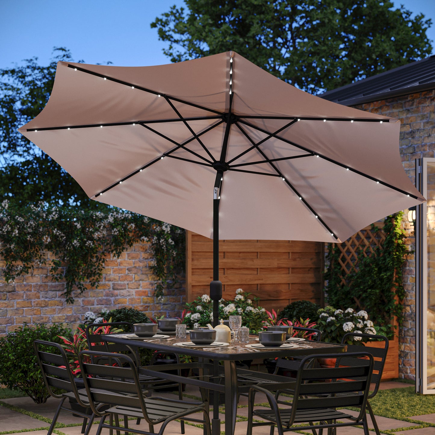 Montego Commercial Grade 9 FT Round Umbrella with 32 Solar LED Lights and Crank and Tilt Functionality in Tan Tan