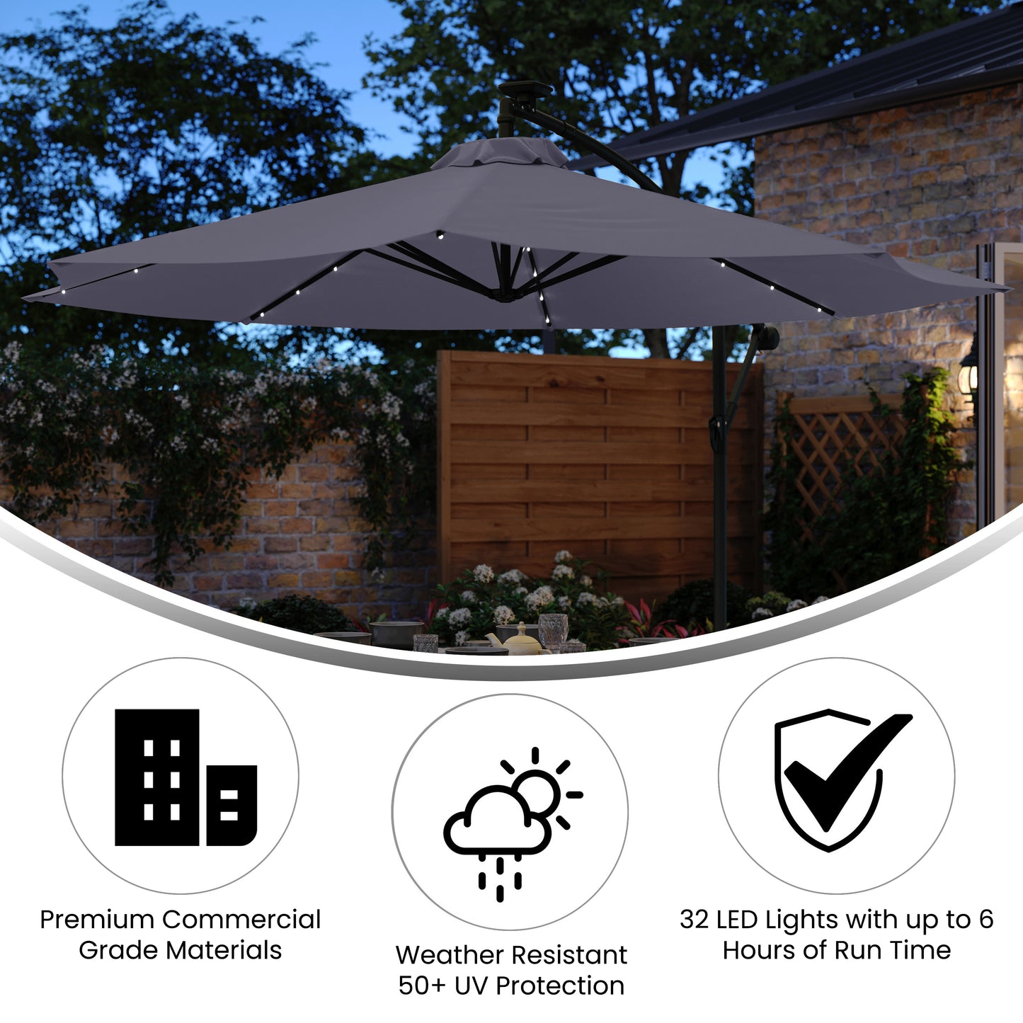Sedona Commercial Grade 10 FT Round Cantilever Umbrella with 32 Solar LED Lights, Built in Cross Base, and Easy Lift and Tilt Function in Gray Gray
