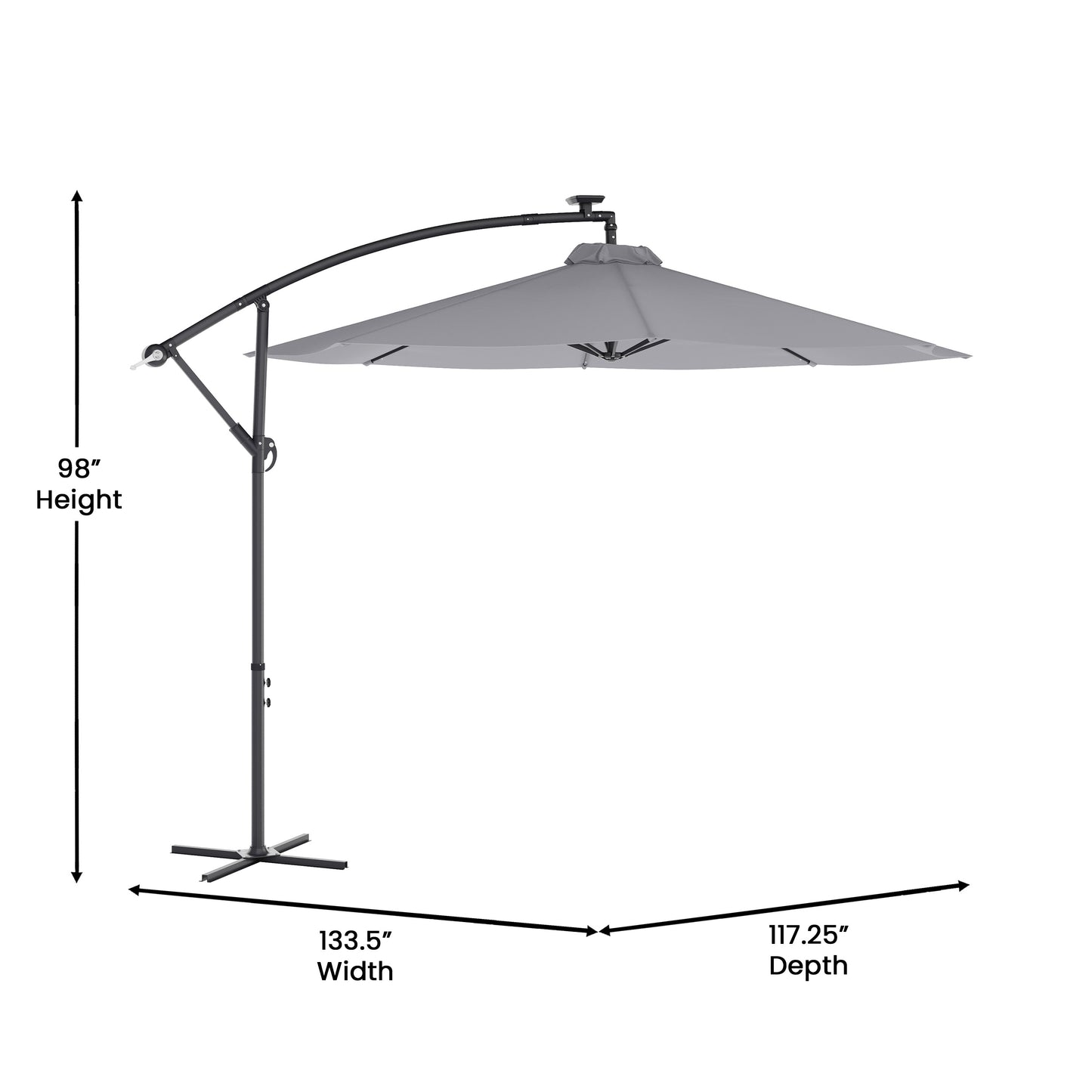 Sedona Commercial Grade 10 FT Round Cantilever Umbrella with 32 Solar LED Lights, Built in Cross Base, and Easy Lift and Tilt Function in Gray Gray