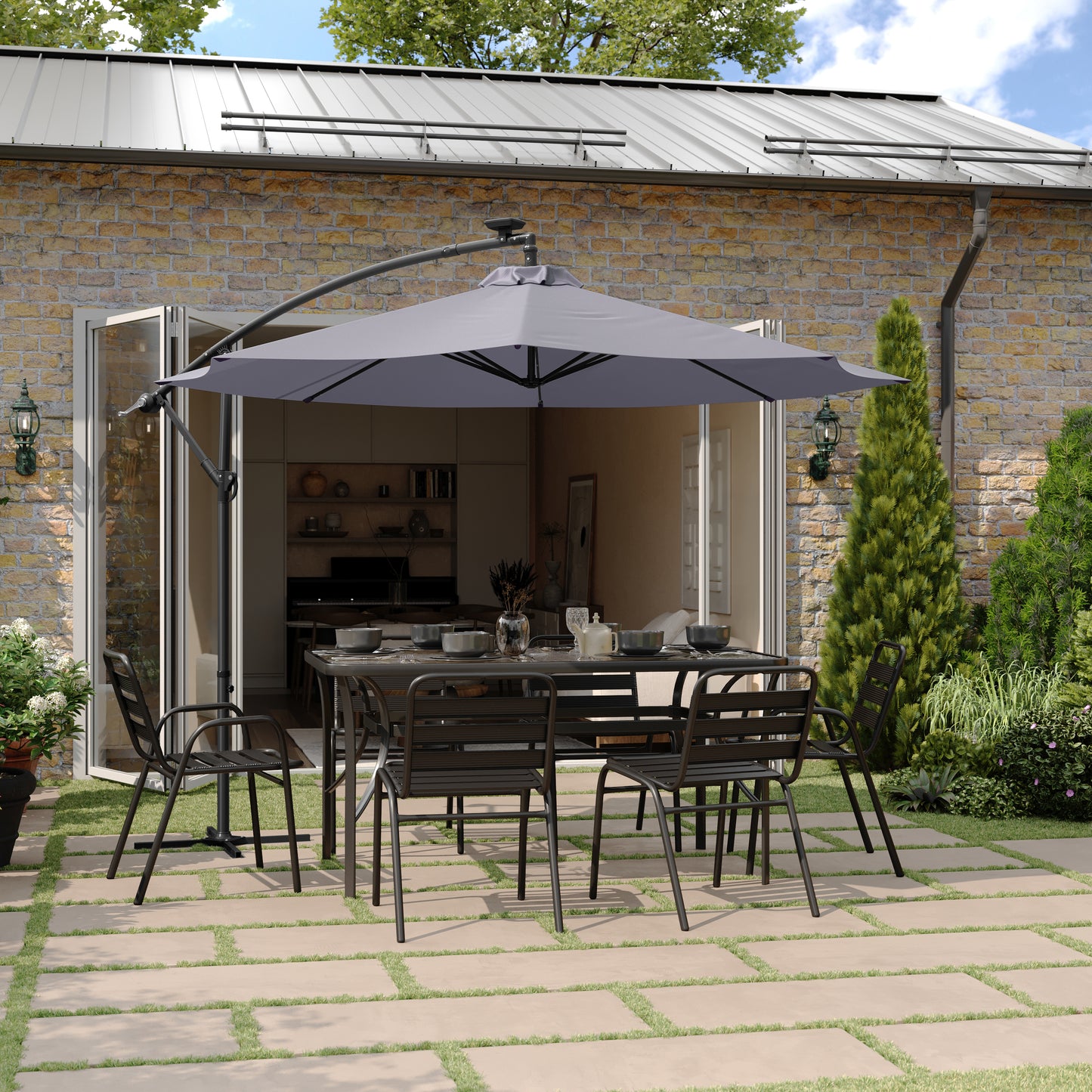 Sedona Commercial Grade 10 FT Round Cantilever Umbrella with 32 Solar LED Lights, Built in Cross Base, and Easy Lift and Tilt Function in Gray Gray