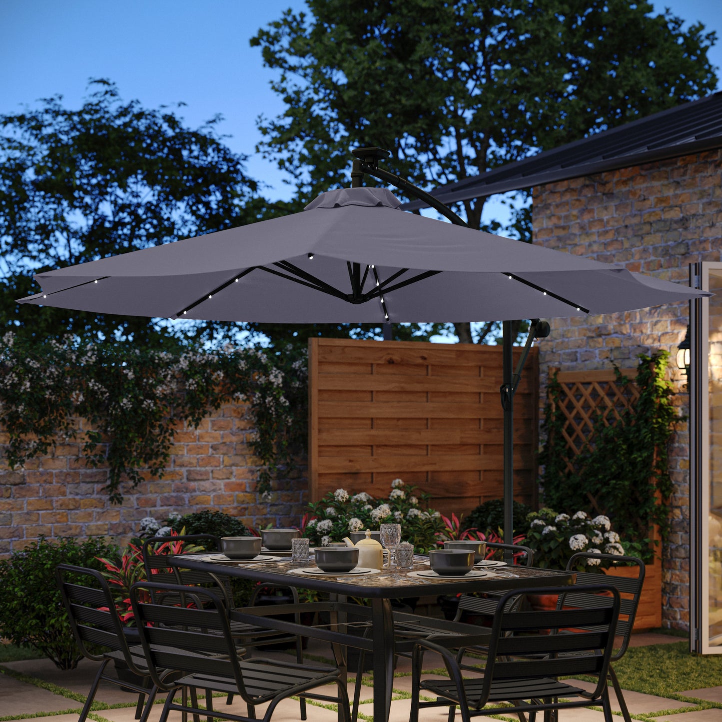 Sedona Commercial Grade 10 FT Round Cantilever Umbrella with 32 Solar LED Lights, Built in Cross Base, and Easy Lift and Tilt Function in Gray Gray