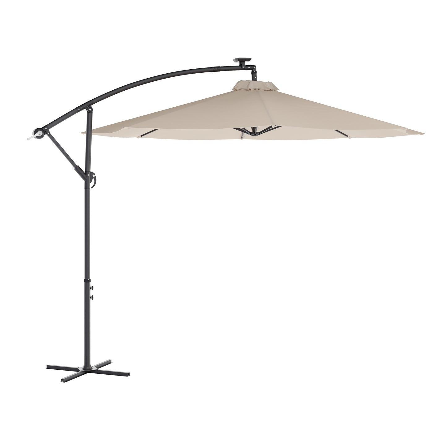 Sedona Commercial Grade 10 FT Round Cantilever Umbrella with 32 Solar LED Lights, Built in Cross Base, and Easy Lift and Tilt Function in Tan Tan