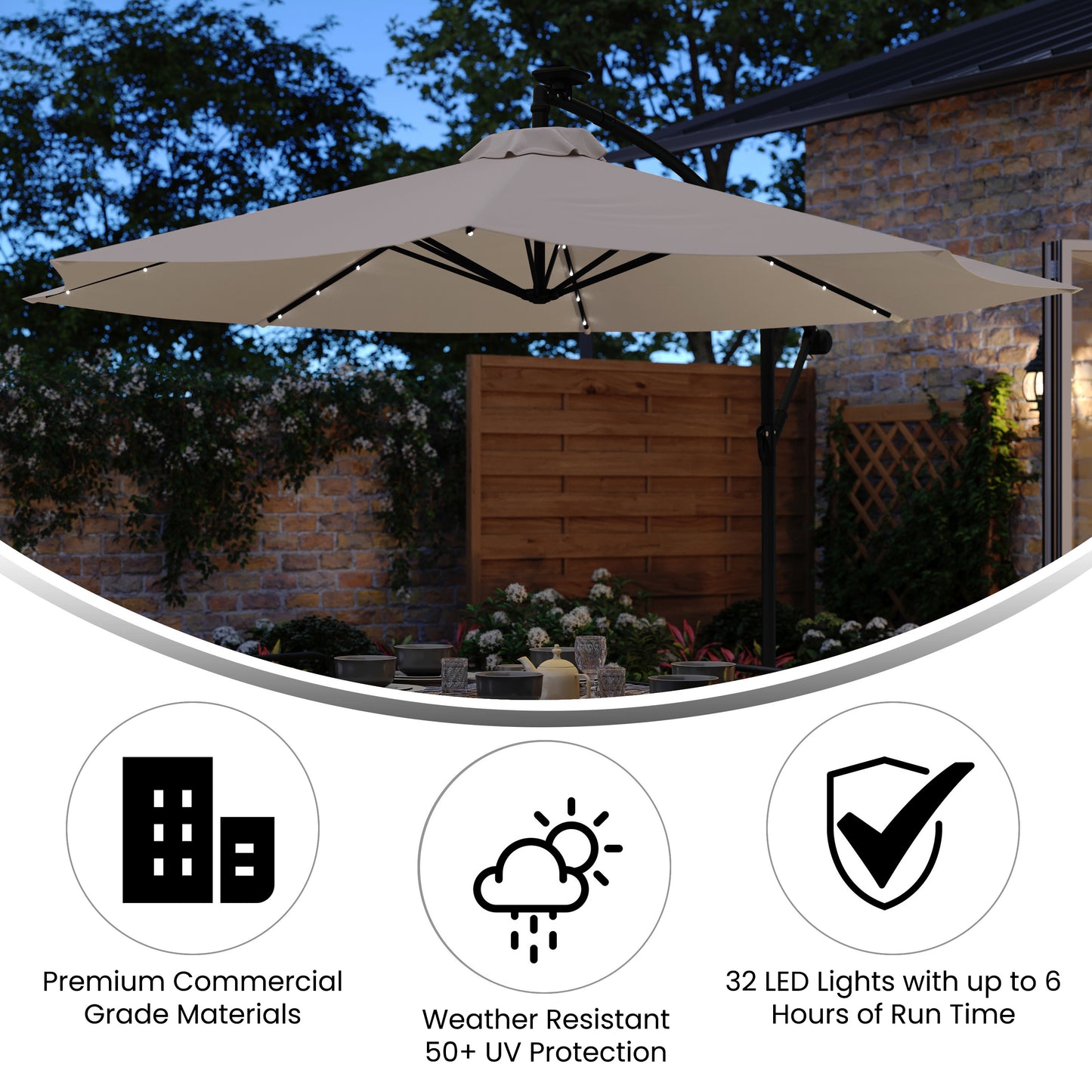 Sedona Commercial Grade 10 FT Round Cantilever Umbrella with 32 Solar LED Lights, Built in Cross Base, and Easy Lift and Tilt Function in Tan Tan