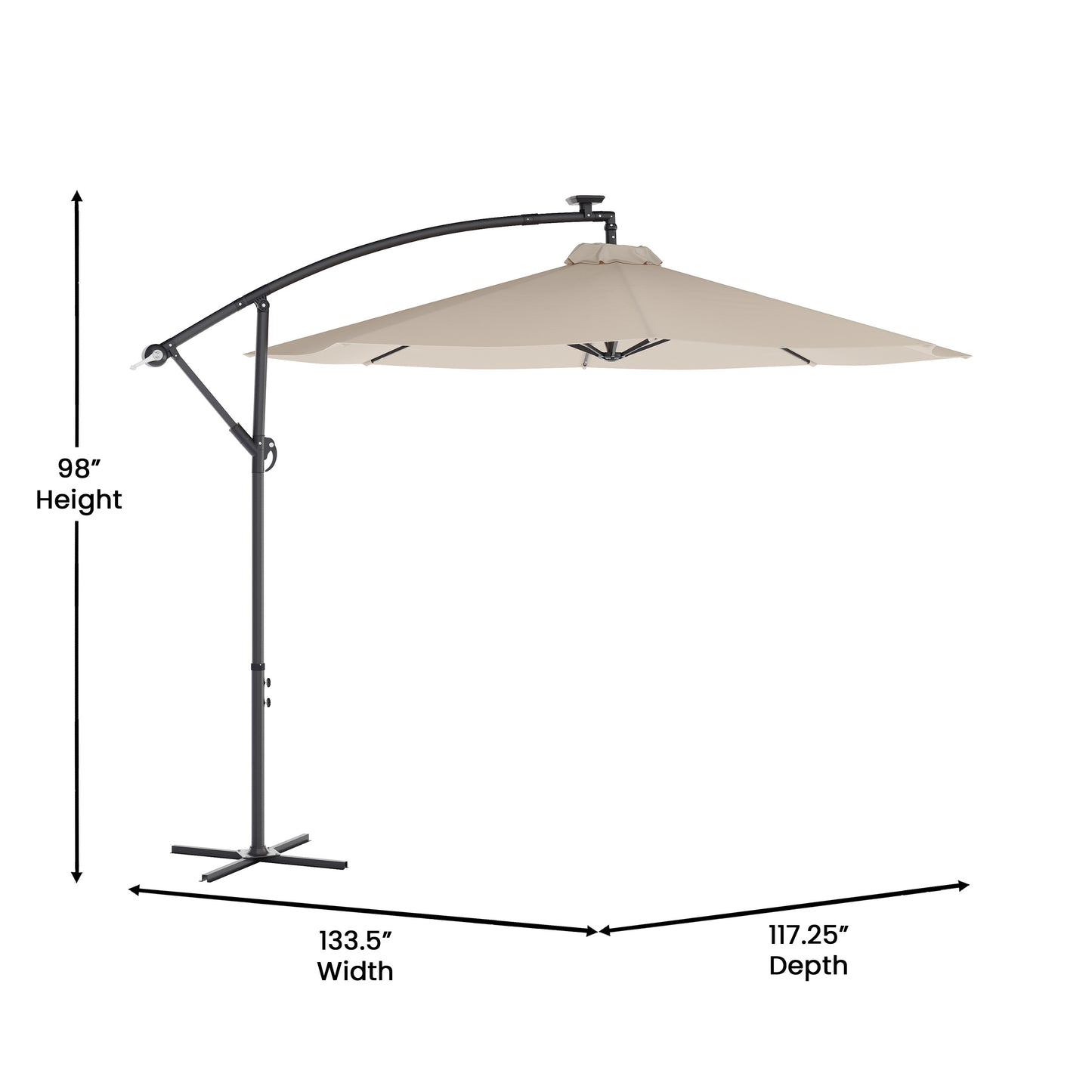 Sedona Commercial Grade 10 FT Round Cantilever Umbrella with 32 Solar LED Lights, Built in Cross Base, and Easy Lift and Tilt Function in Tan Tan