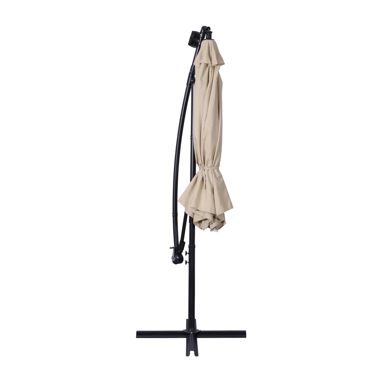 Sedona Commercial Grade 10 FT Round Cantilever Umbrella with 32 Solar LED Lights, Built in Cross Base, and Easy Lift and Tilt Function in Tan Tan