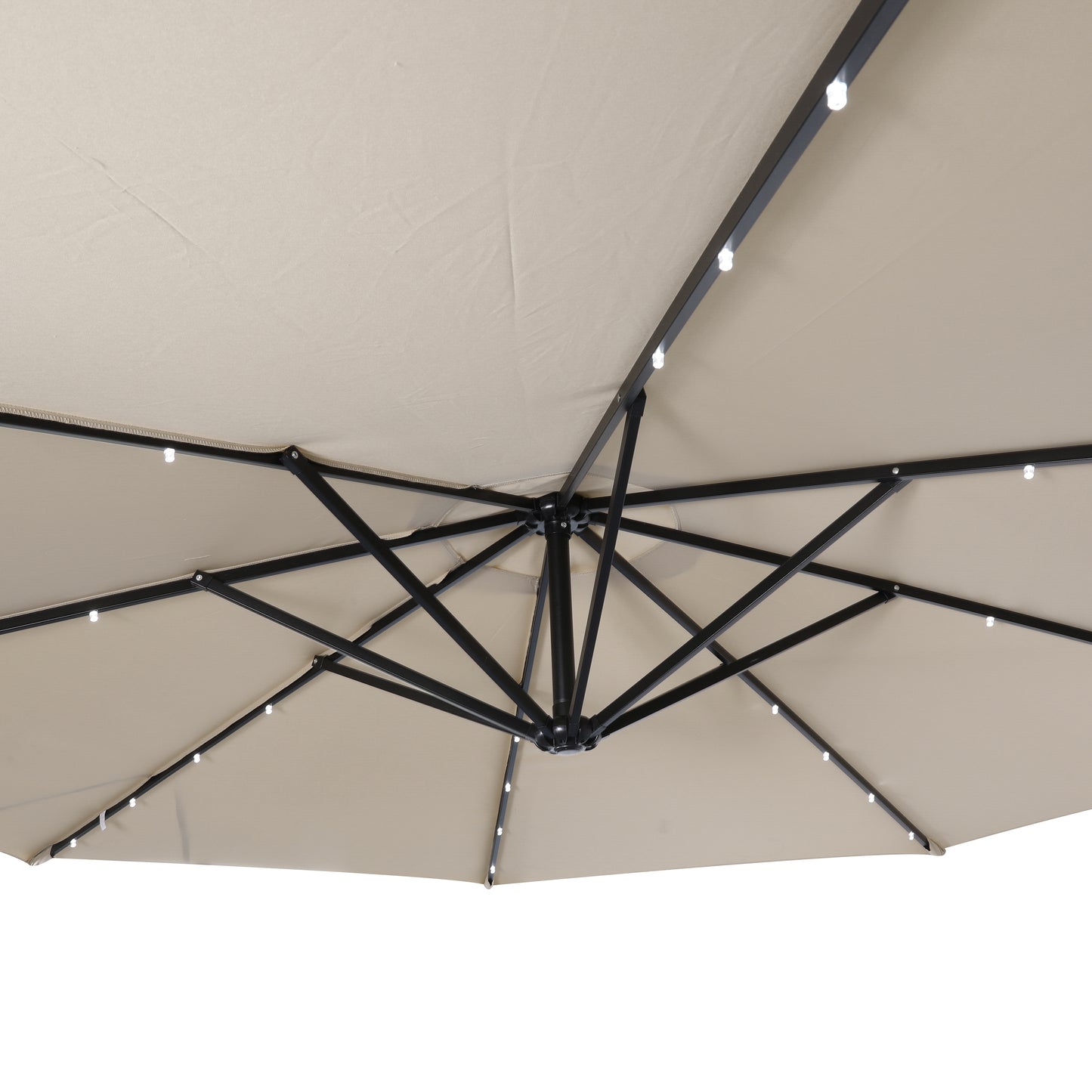 Sedona Commercial Grade 10 FT Round Cantilever Umbrella with 32 Solar LED Lights, Built in Cross Base, and Easy Lift and Tilt Function in Tan Tan