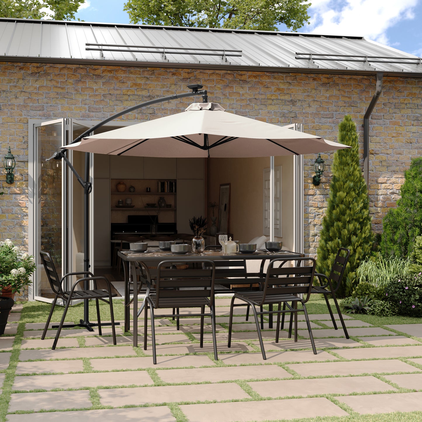 Sedona Commercial Grade 10 FT Round Cantilever Umbrella with 32 Solar LED Lights, Built in Cross Base, and Easy Lift and Tilt Function in Tan Tan