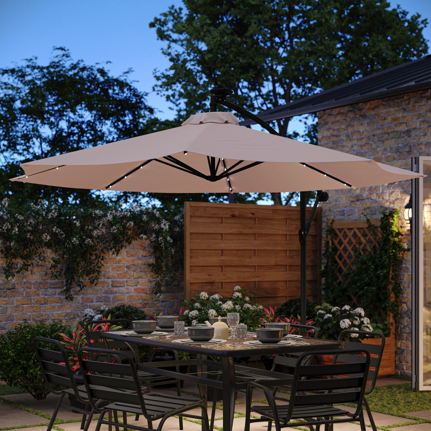 Sedona Commercial Grade 10 FT Round Cantilever Umbrella with 32 Solar LED Lights, Built in Cross Base, and Easy Lift and Tilt Function in Tan Tan