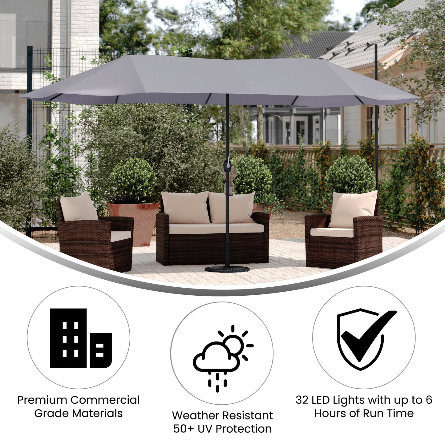 Elizabeth Commercial Grade 15 FT Triple Head Patio Umbrella with Crank and Easy Lift Functionality in Gray Gray