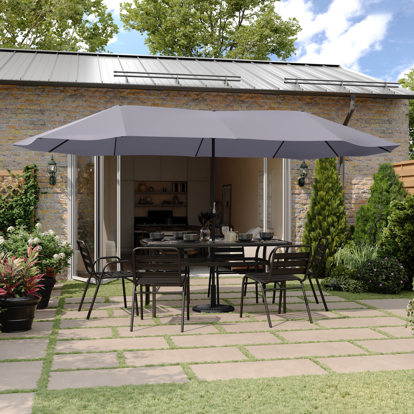 Elizabeth Commercial Grade 15 FT Triple Head Patio Umbrella with Crank and Easy Lift Functionality in Gray Gray