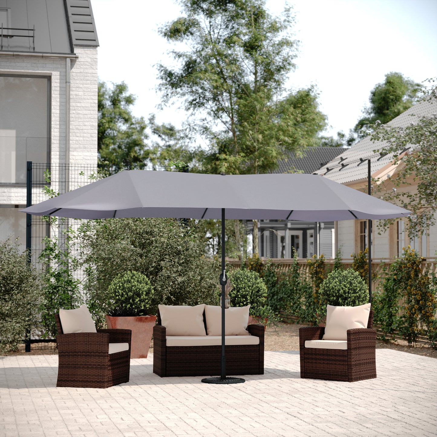 Elizabeth Commercial Grade 15 FT Triple Head Patio Umbrella with Crank and Easy Lift Functionality in Gray Gray