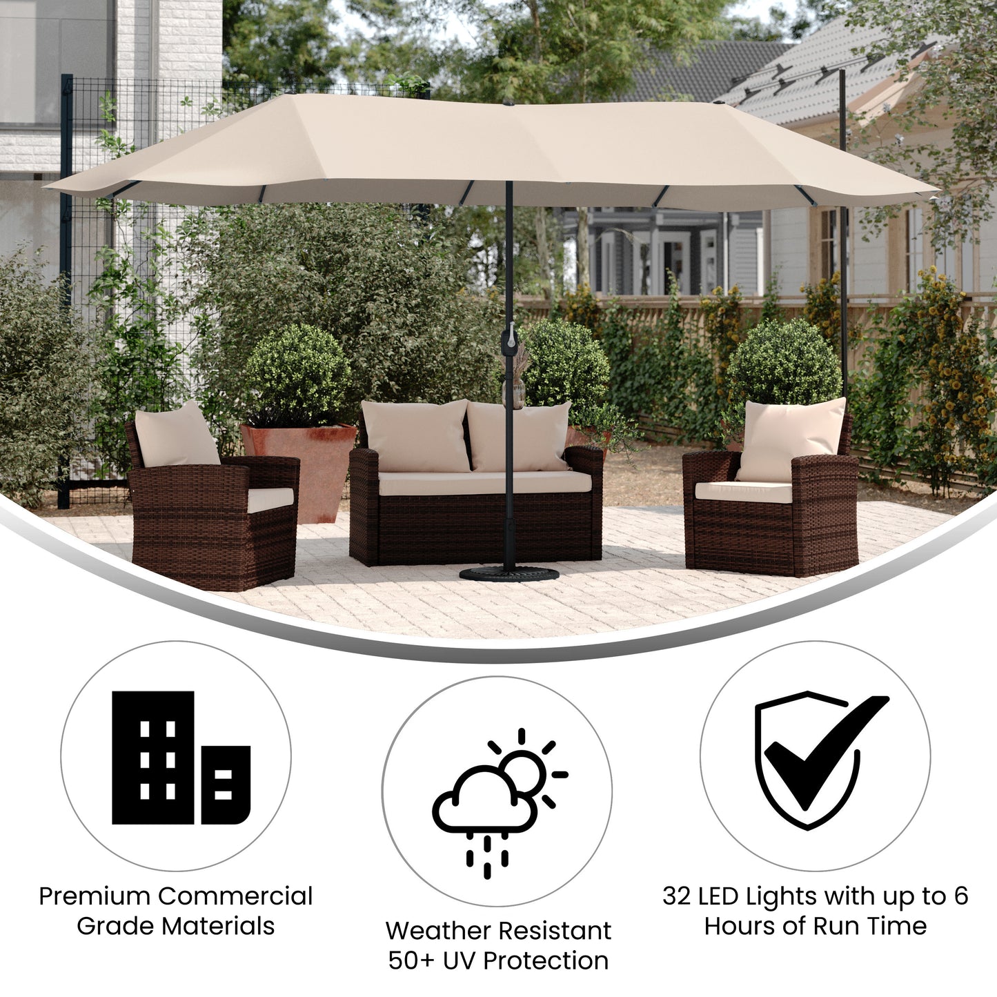 Elizabeth Commercial Grade 15 FT Triple Head Patio Umbrella with Crank and Easy Lift Functionality in Tan Tan