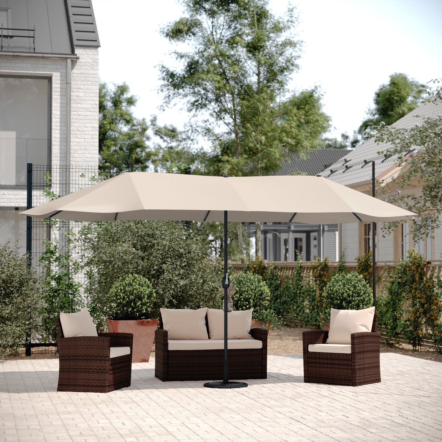 Elizabeth Commercial Grade 15 FT Triple Head Patio Umbrella with Crank and Easy Lift Functionality in Tan Tan