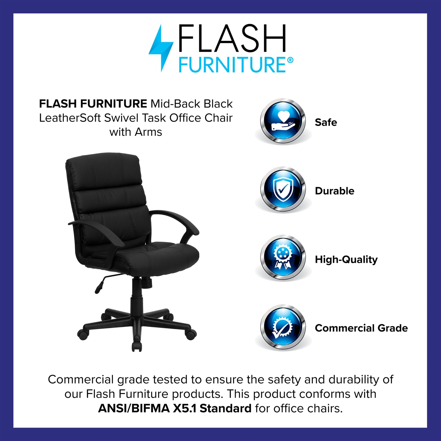 Lane Mid-Back Black LeatherSoft Swivel Task Office Chair with Arms Black