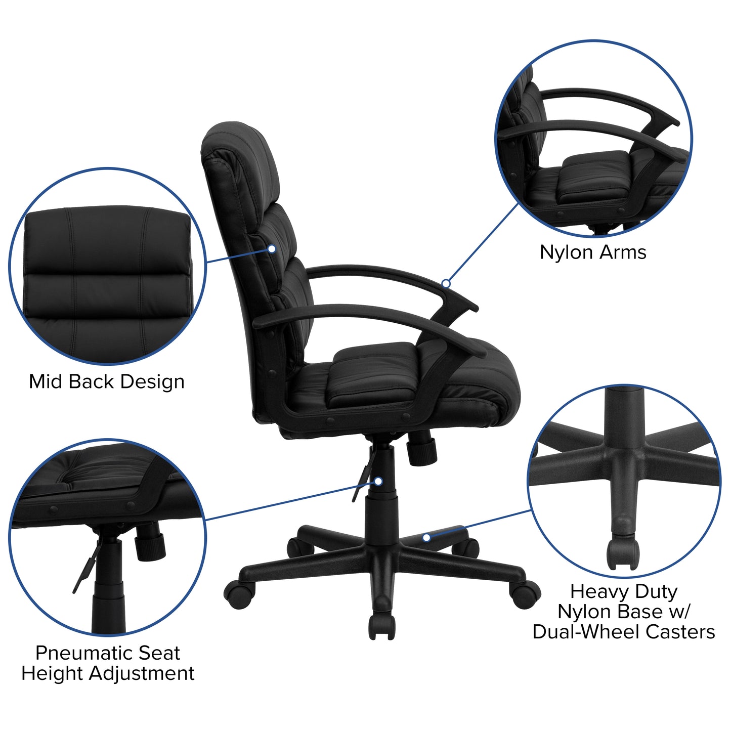 Lane Mid-Back Black LeatherSoft Swivel Task Office Chair with Arms Black