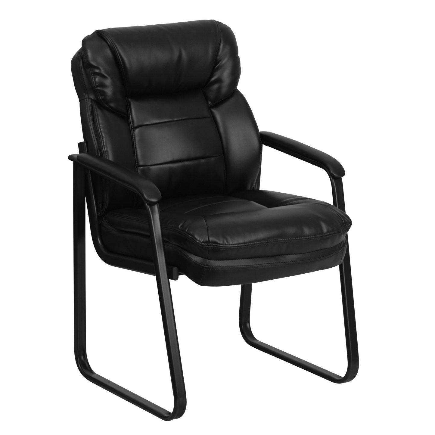 Isla Black LeatherSoft Executive Side Reception Chair with Lumbar Support and Sled Base Black LeatherSoft