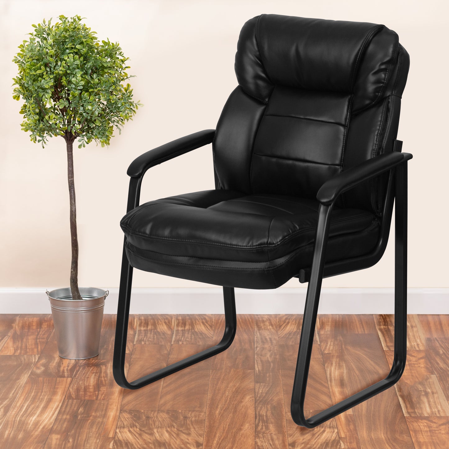 Isla Black LeatherSoft Executive Side Reception Chair with Lumbar Support and Sled Base Black LeatherSoft
