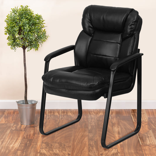 Isla Black LeatherSoft Executive Side Reception Chair with Lumbar Support and Sled Base Black LeatherSoft