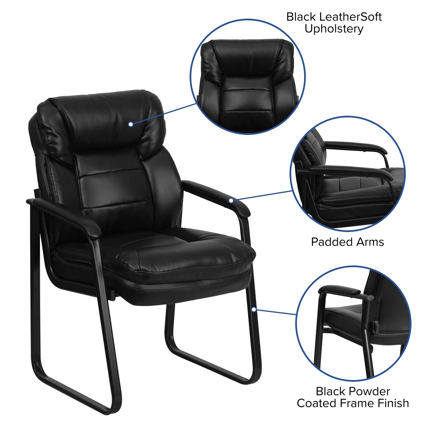 Isla Black LeatherSoft Executive Side Reception Chair with Lumbar Support and Sled Base Black LeatherSoft
