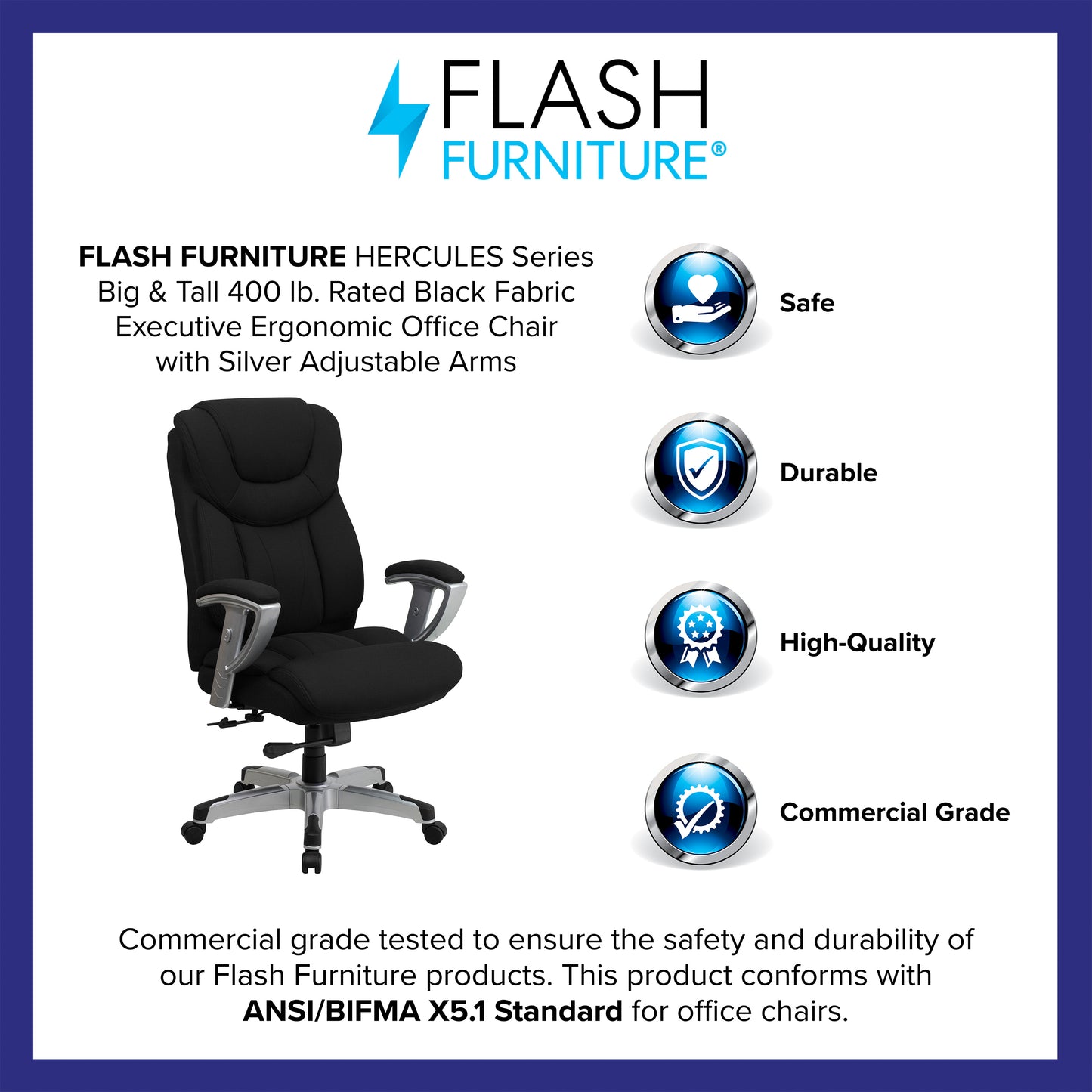 HERCULES Series Big & Tall 400 lb. Rated Black Fabric Executive Ergonomic Office Chair with Silver Adjustable Arms Black Fabric
