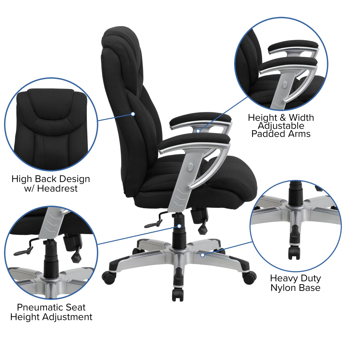 HERCULES Series Big & Tall 400 lb. Rated Black Fabric Executive Ergonomic Office Chair with Silver Adjustable Arms Black Fabric