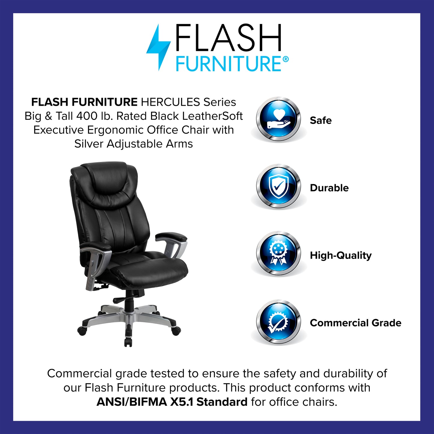 HERCULES Series Big & Tall 400 lb. Rated Black LeatherSoft Executive Ergonomic Office Chair with Silver Adjustable Arms Black LeatherSoft