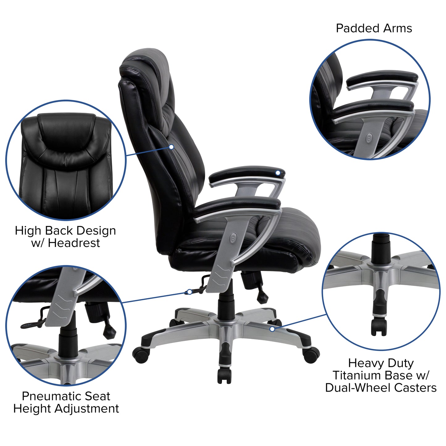 HERCULES Series Big & Tall 400 lb. Rated Black LeatherSoft Executive Ergonomic Office Chair with Silver Adjustable Arms Black LeatherSoft