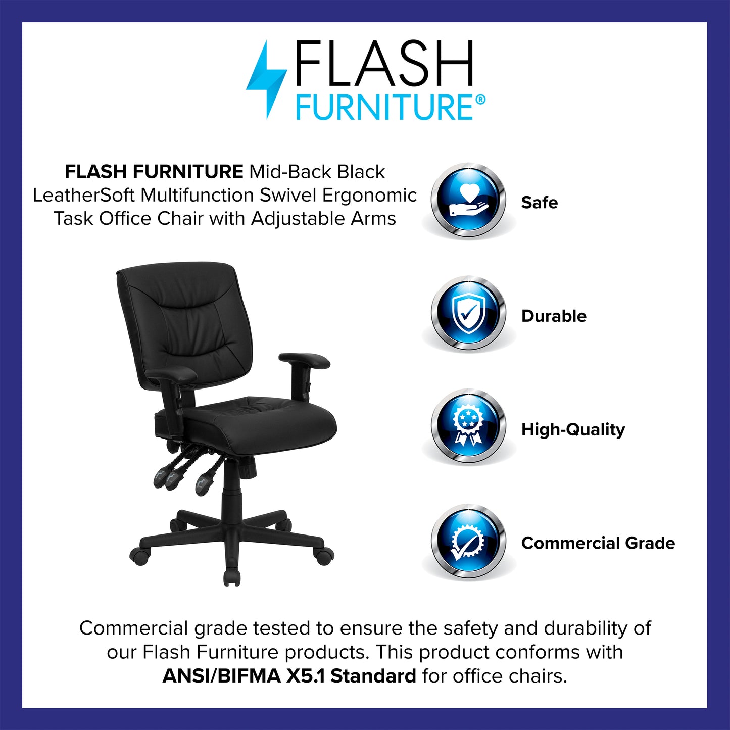 Cole Mid-Back Black LeatherSoft Multifunction Swivel Ergonomic Task Office Chair with Adjustable Arms Black