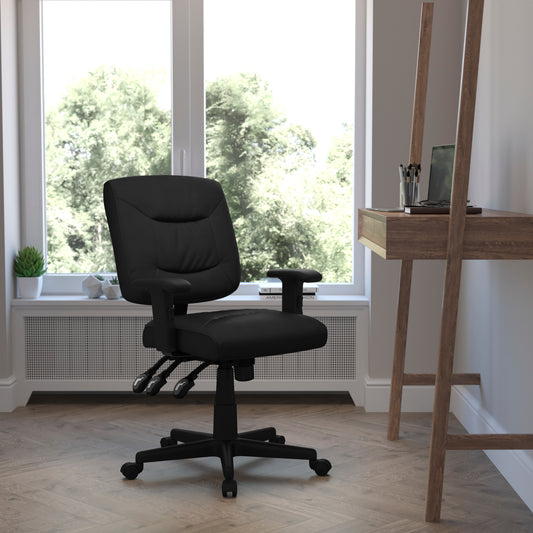Cole Mid-Back Black LeatherSoft Multifunction Swivel Ergonomic Task Office Chair with Adjustable Arms Black GO-1574-BK-A-GG