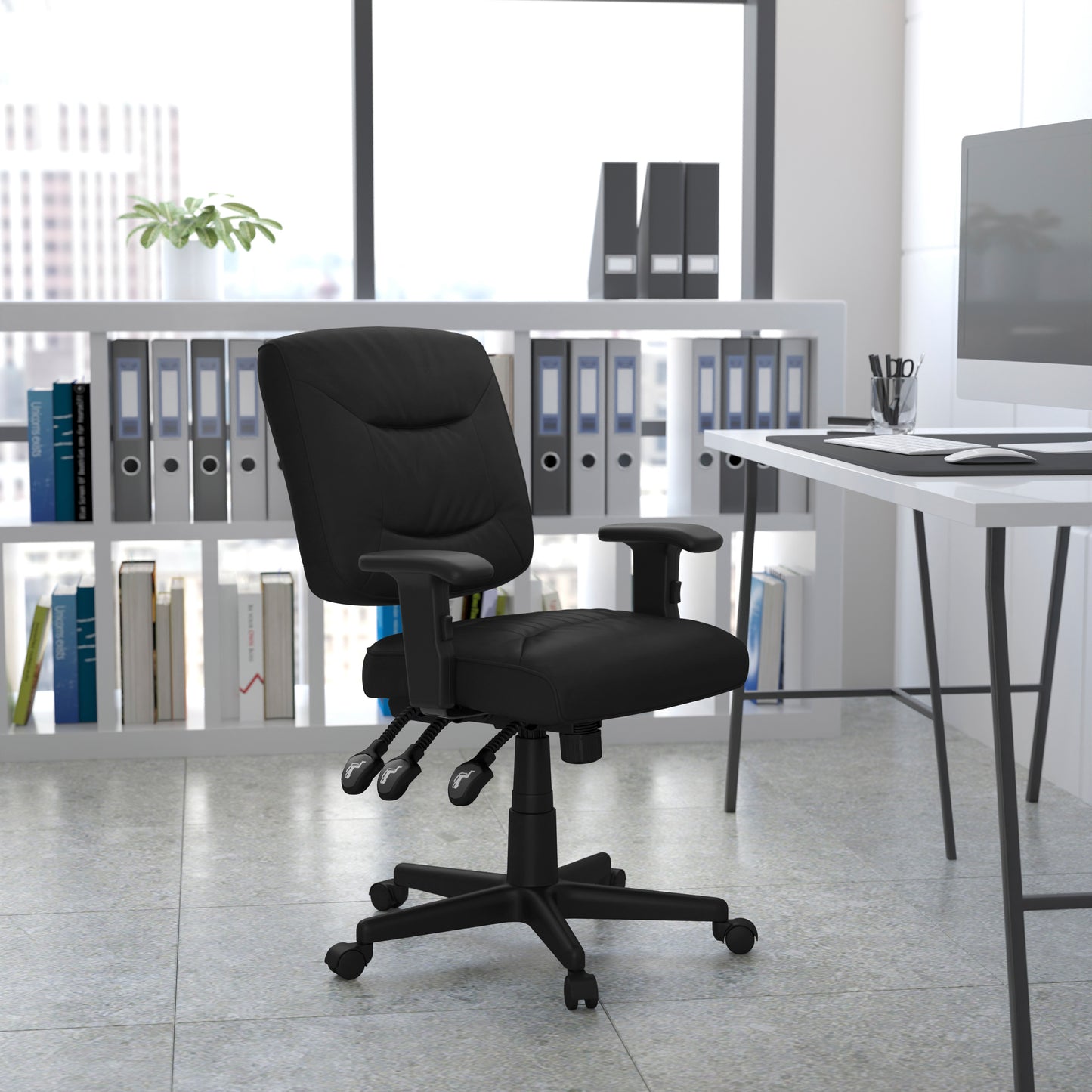 Cole Mid-Back Black LeatherSoft Multifunction Swivel Ergonomic Task Office Chair with Adjustable Arms Black